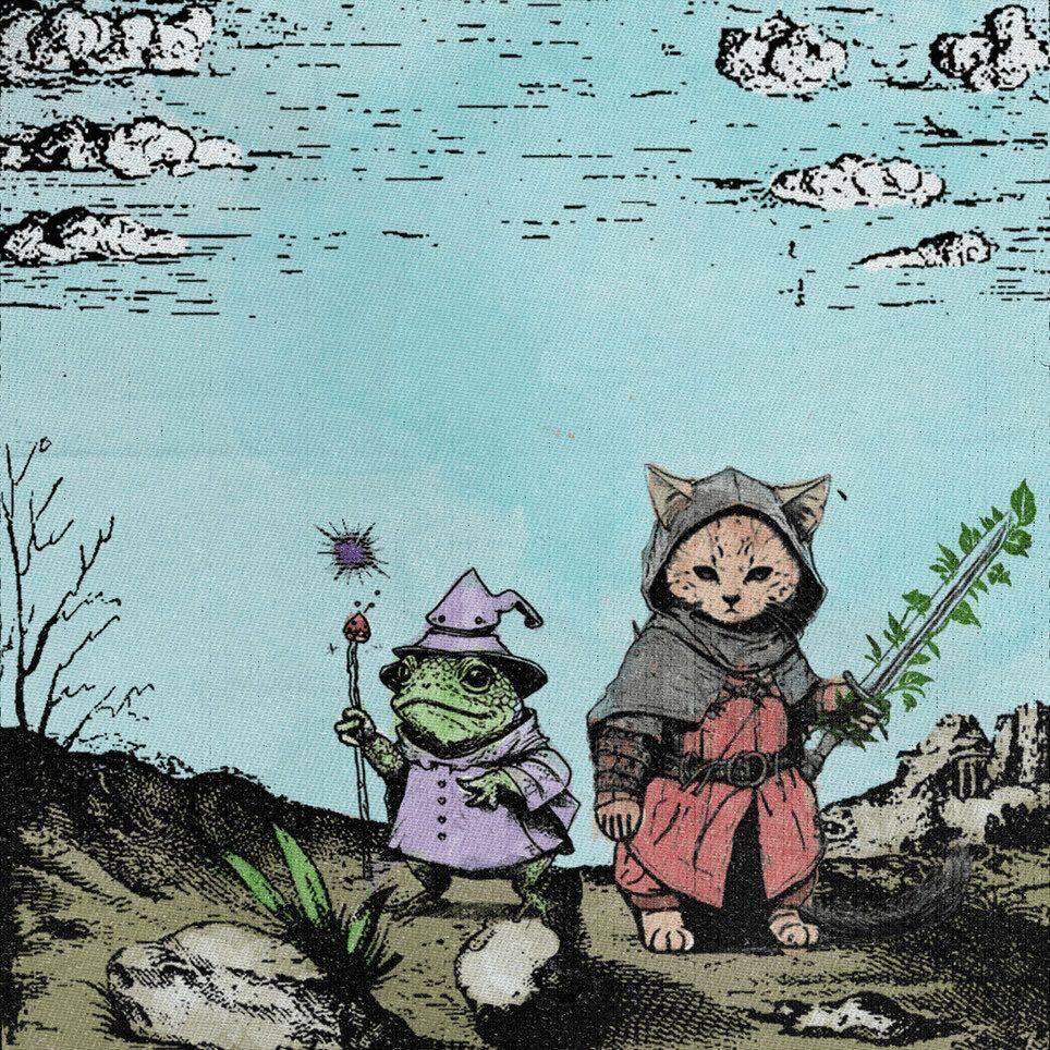 Cartoon of a frog and cat dressed up as medieval characters