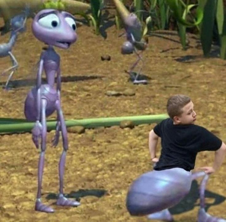 Ant from Bug's Life watching another ant dance with a human body