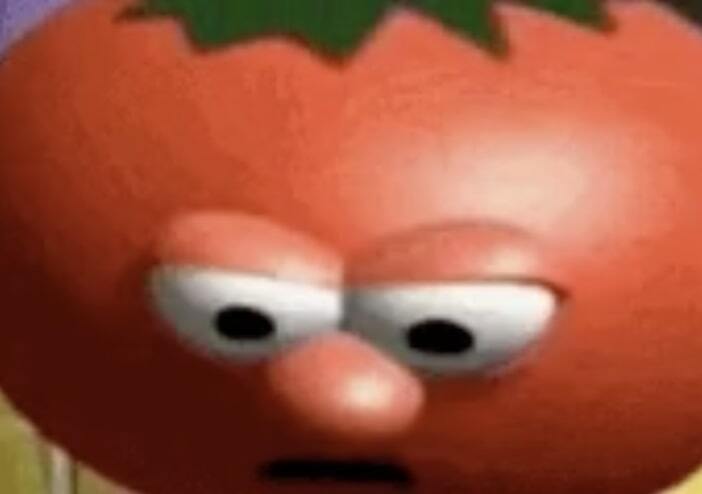 Bob the Tomato from VeggieTales looking confused and upset.