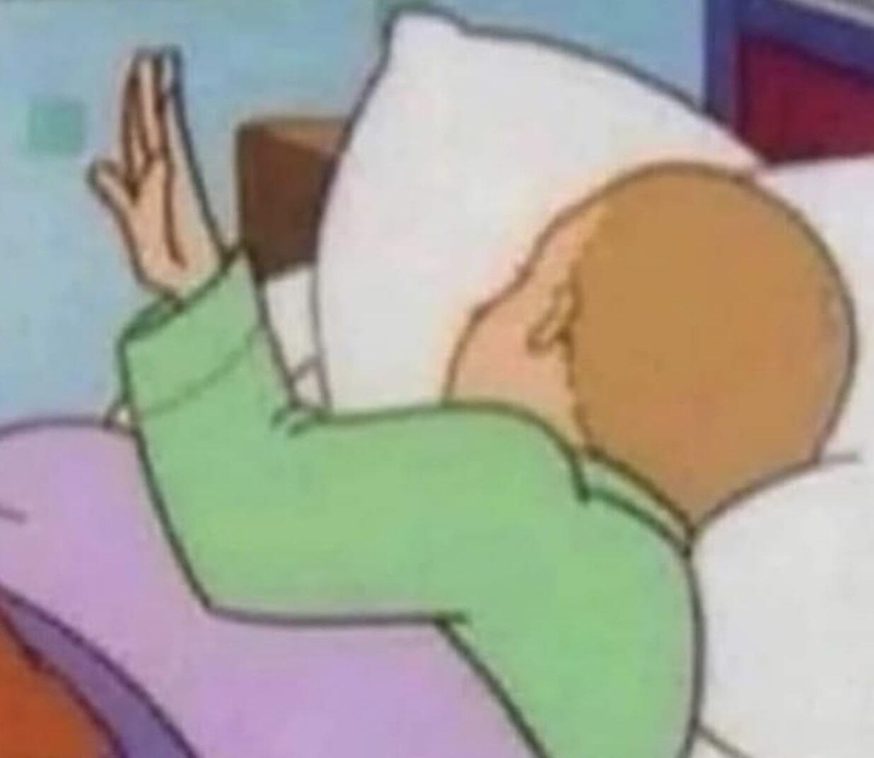 Bobby Hill lying in bed and holding up his hand