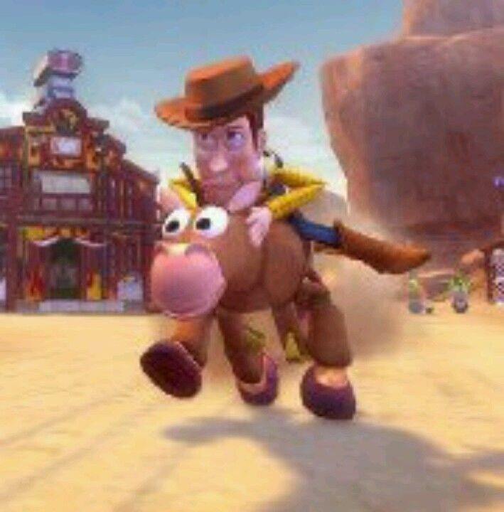 Woody from Toy Story riding on Bullseye the horse