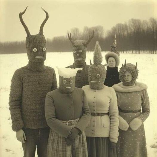 A family wearing scary knit beanies and balaclavas