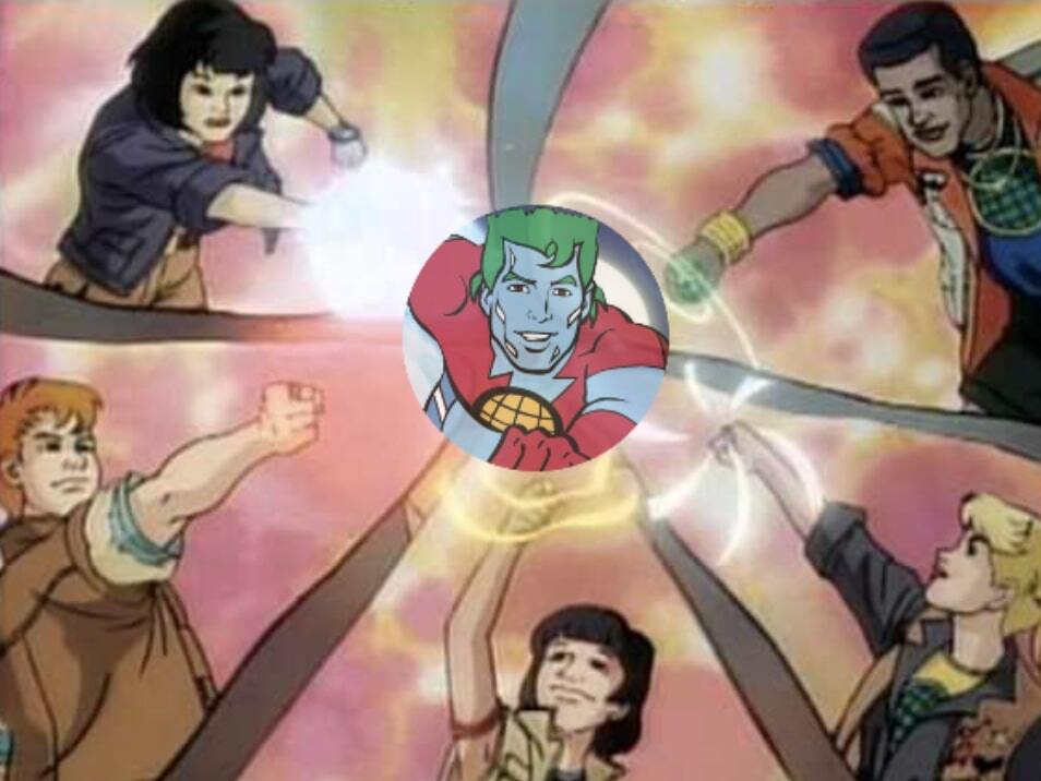 The Captain Planet kids putting their rings together to summon Captain Planet