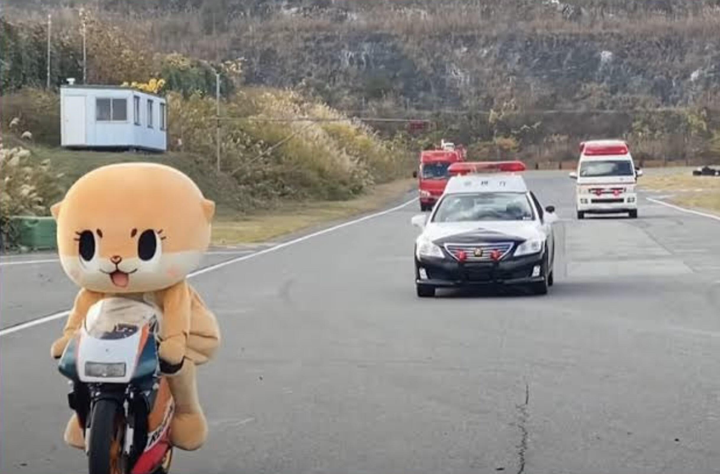 Chiitan the Japanese mascot in a high-speed chase with the cops