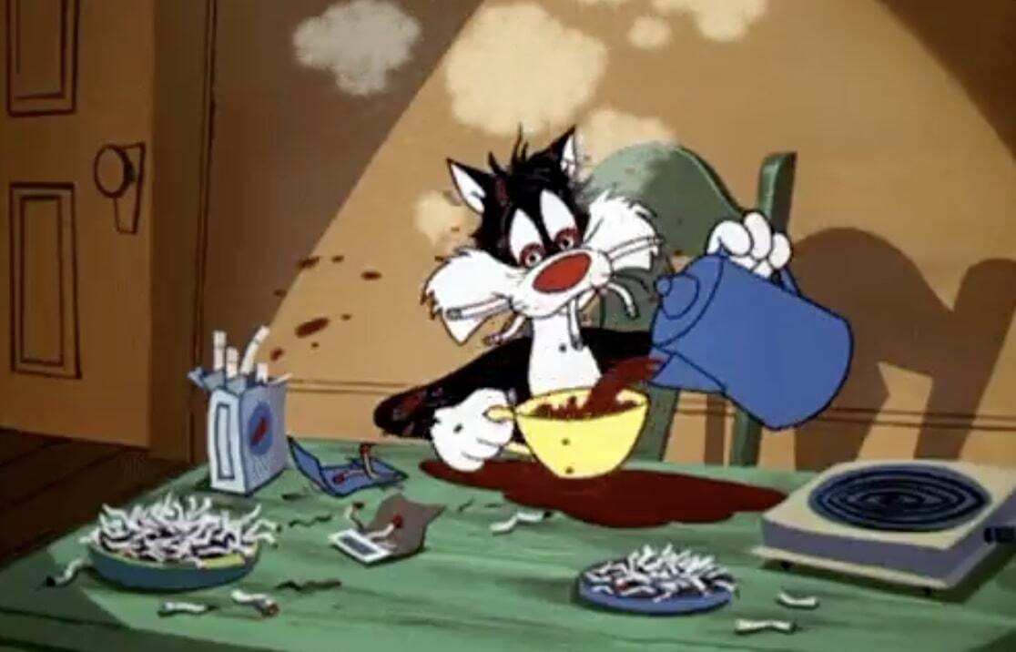 Looney Tunes cat drinking coffee and smoking cigarettes