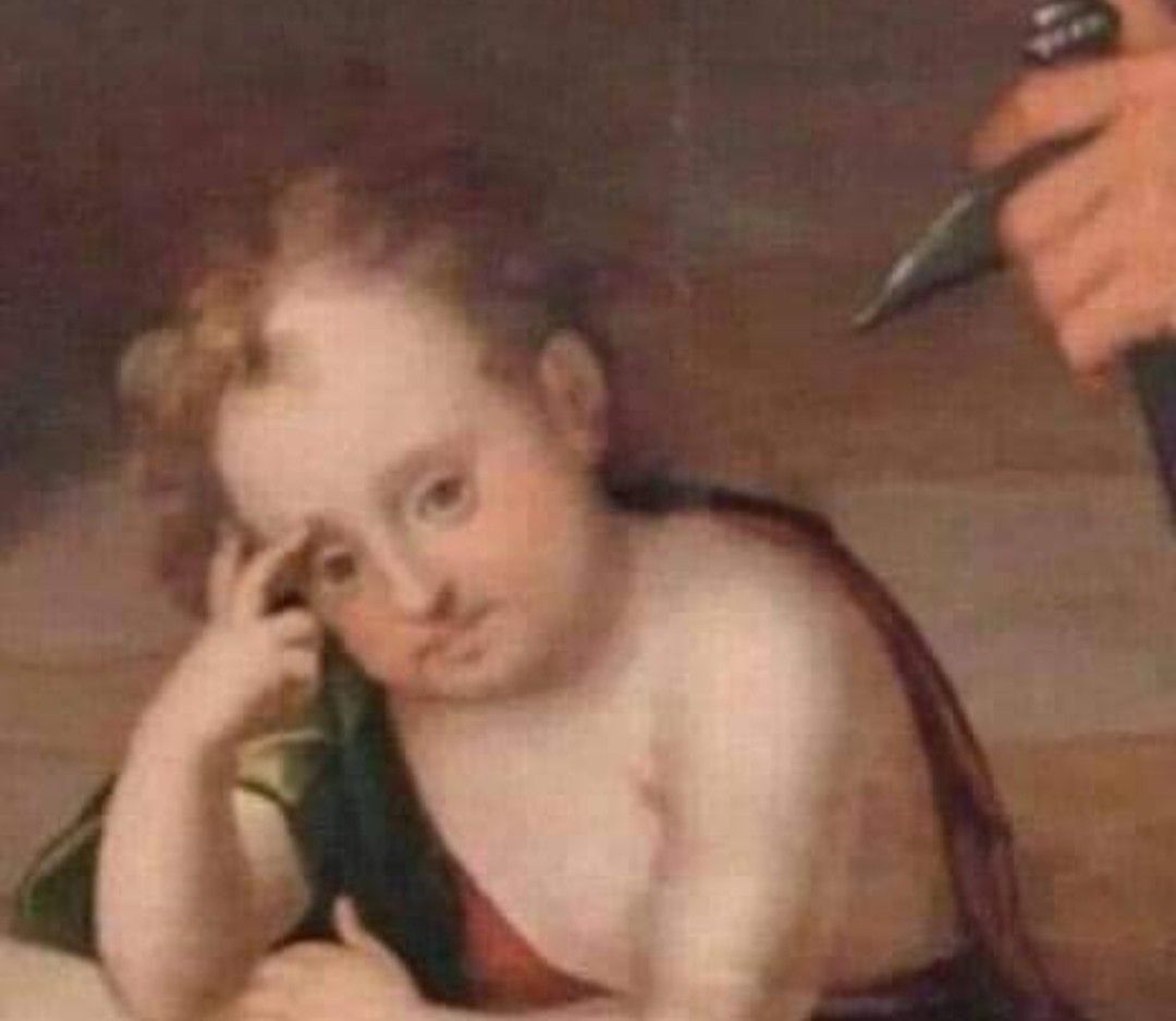 A Renaissance cherub looking confused and disappointed