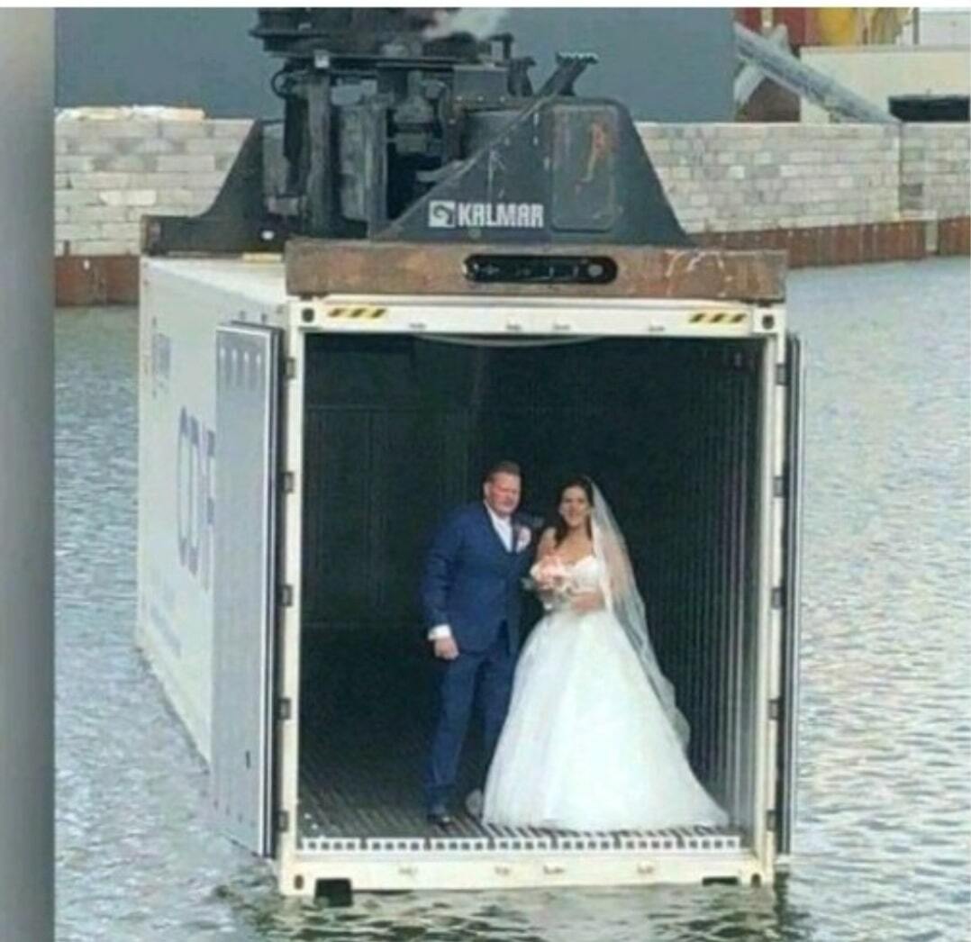 Wedding happening inside storage container