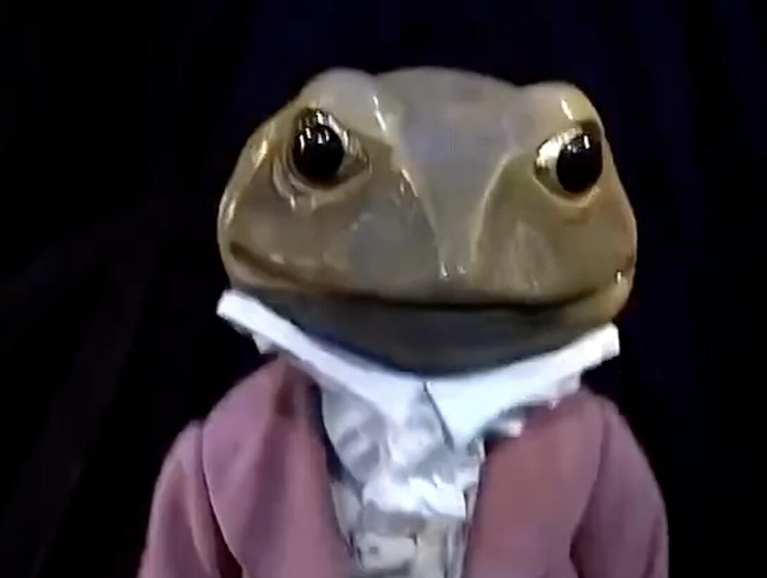 A frog crying while dressed up in fancy clothes