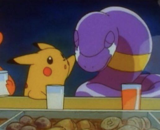 Pikachu comforting a crying Ekans