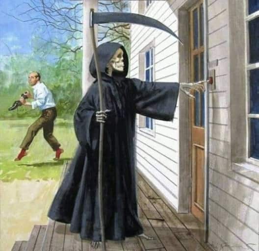 grim reaper knocking on a man's door as the man sneaks away