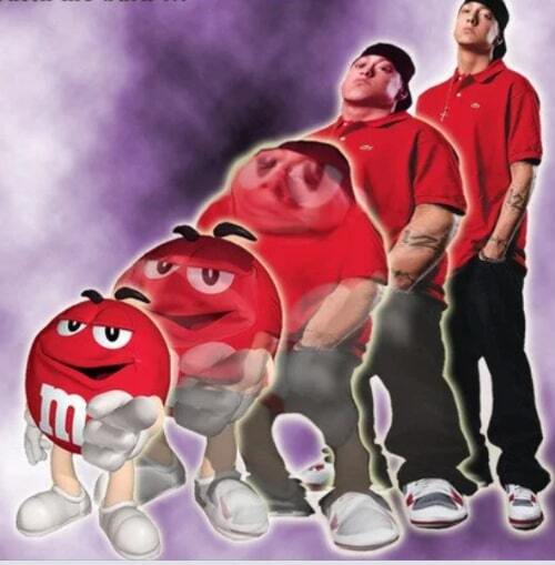 A red M&M transforming into Eminem