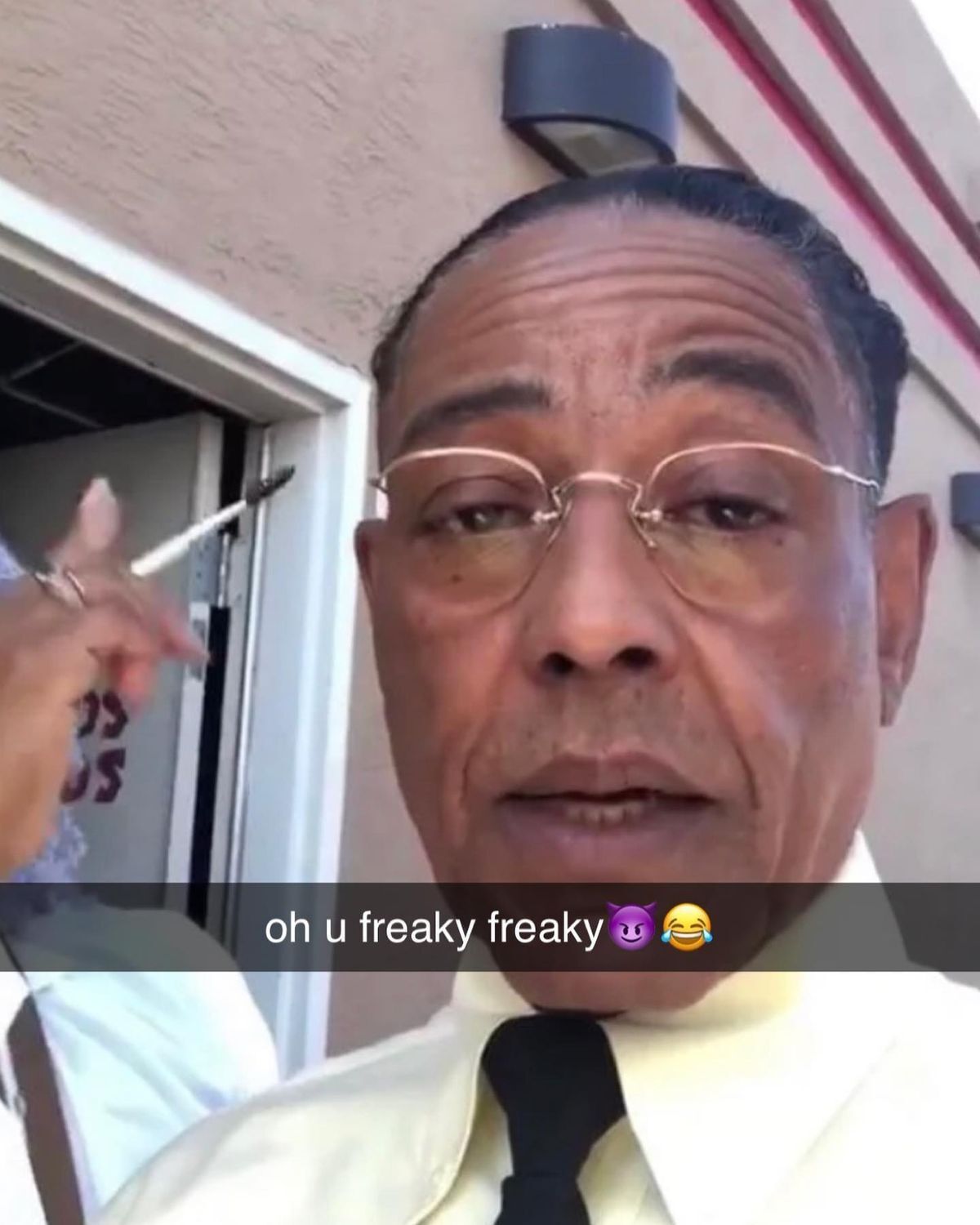 Gus Fring taking a fake snapchat that says, oh u freaky freaky
