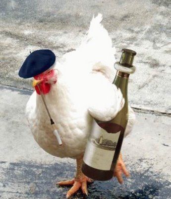 A chicken wearing a beret and holding a cigarette and wine bottle