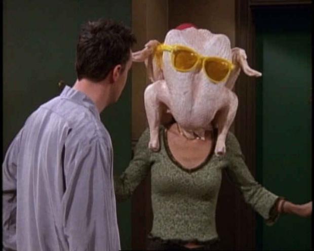 Monica from Friends with a turkey on her head and sunglasses
