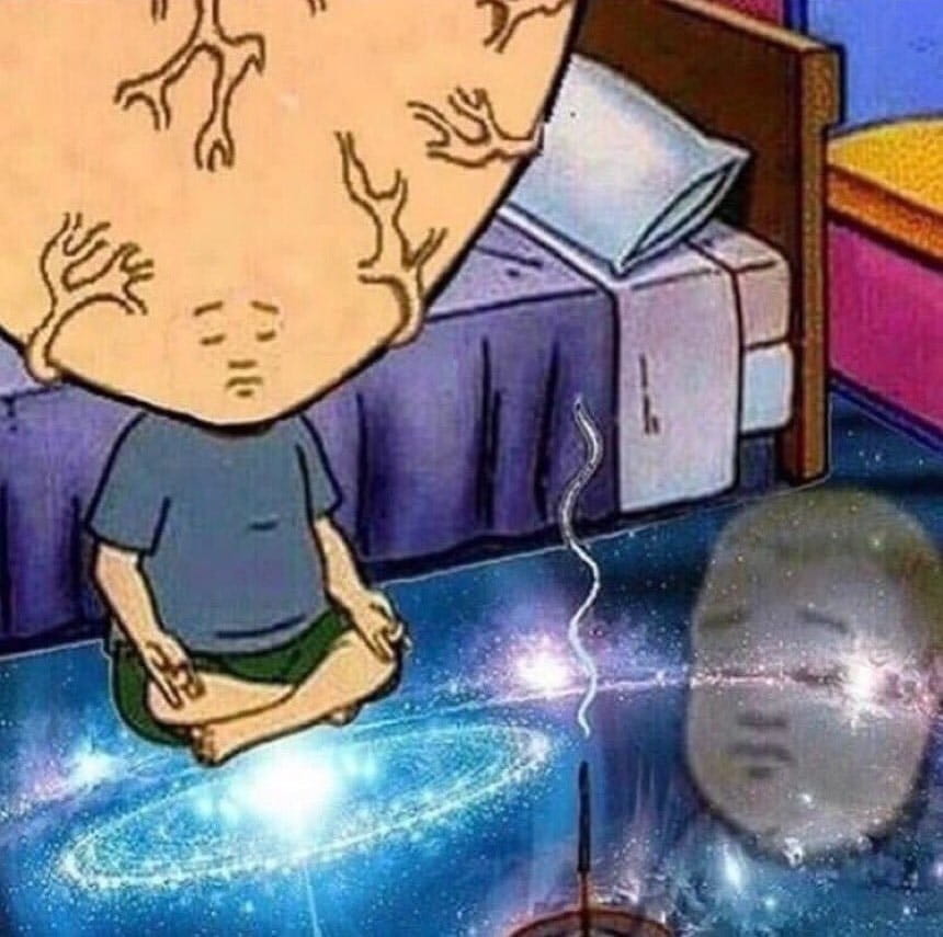 Bobby Hill sitting in the room looking at the universe