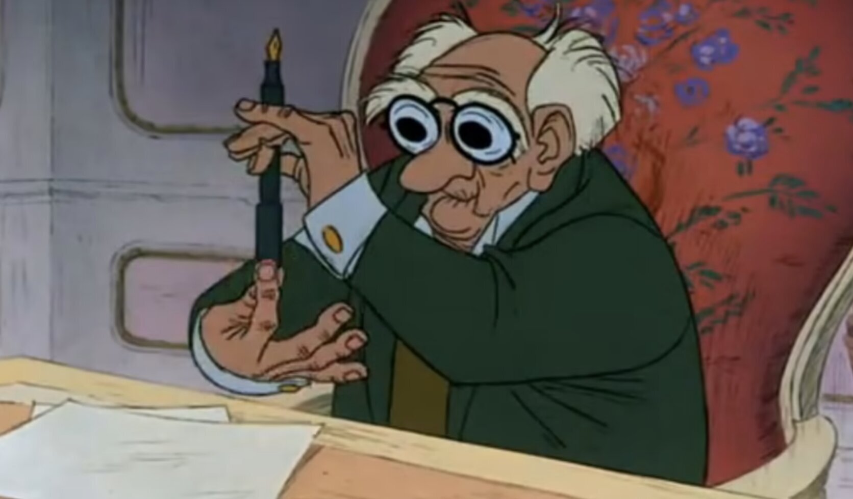 Cartoon guy with big glasses and pen