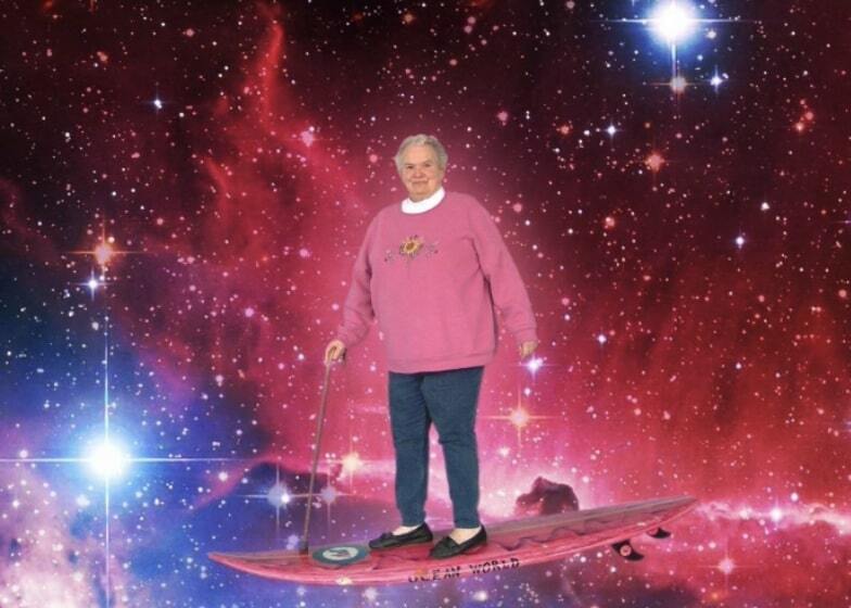 A grandma riding a surfboard in space
