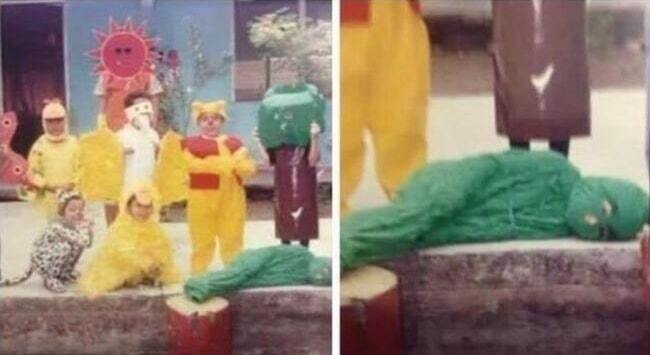 A kid dressed up as a grass in a school play