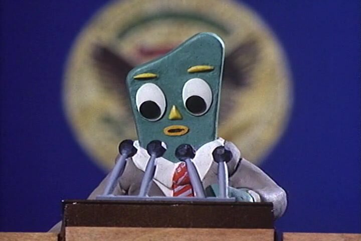 Gumby giving a presidential press conference