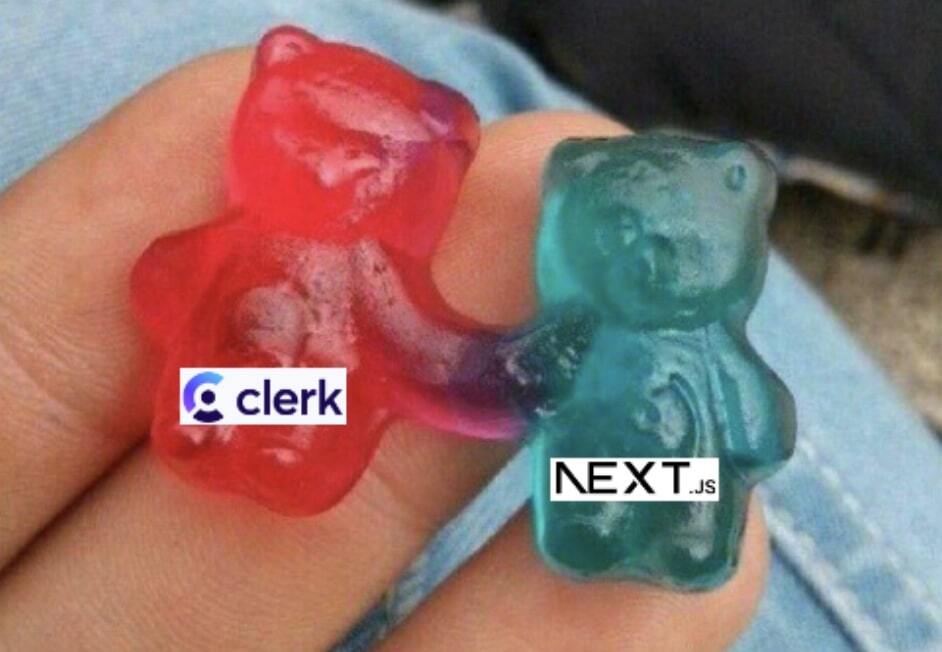 Two gummy bears holding hands with Clerk and Next.js logos