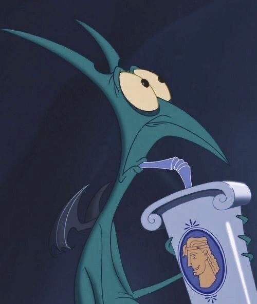The demon from Hercules looking nervous while sipping a soda
