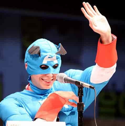 Michael Cera waving while dressed up as Captain America