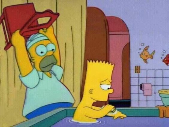 Homer Simpson about to hit Bart with a chair while he's not looking