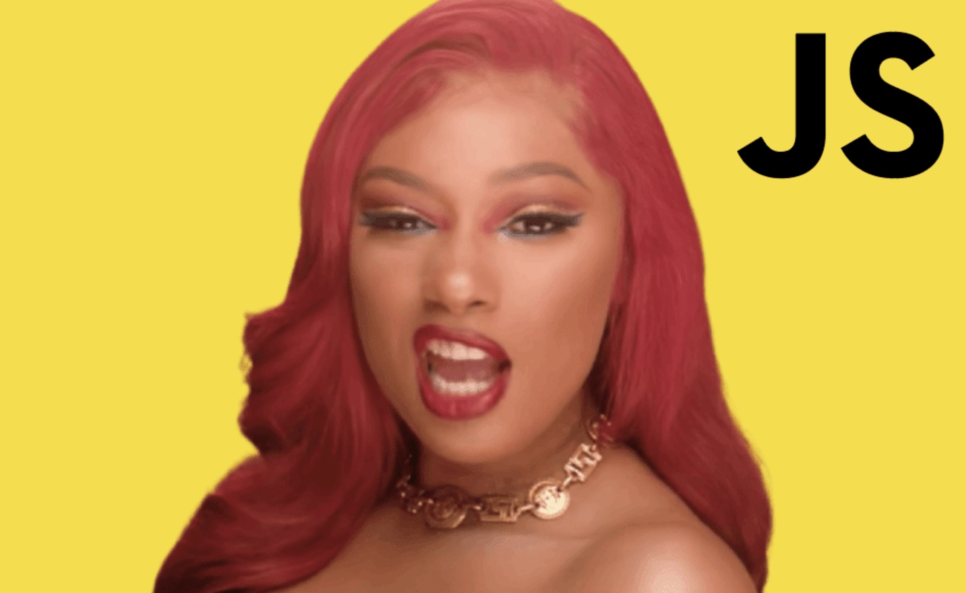 Megan Thee Stallion in front of the JavaScript logo
