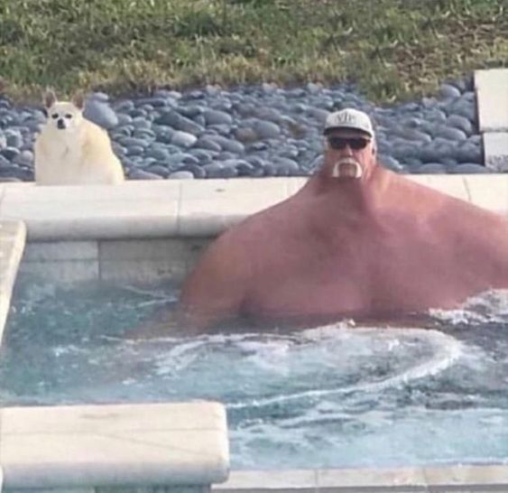 Hulk Hogan sitting in a hot tub with a shrunken head