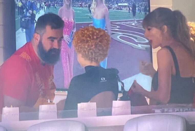 Jason Kelce talking to Ice Spice and Taylor Swift