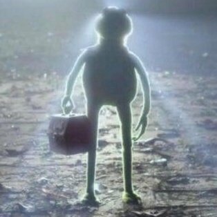 Kermit the frog walking with a toolbox into the sunlight