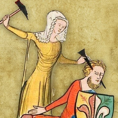 Medieval woman hammering a nail through a man's head