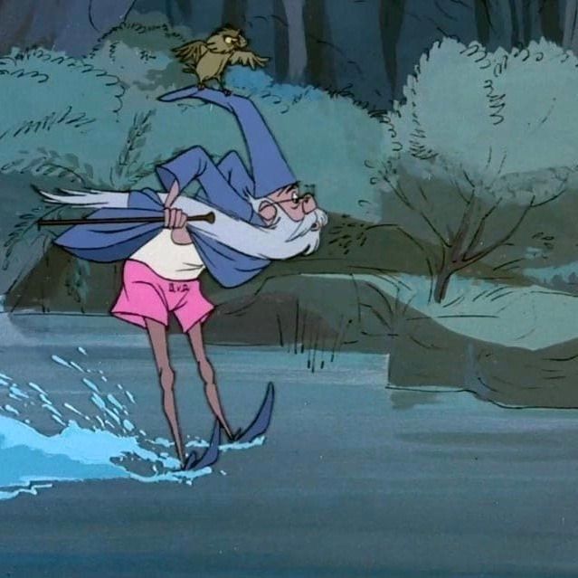 Merlin skating on water while holding up his beard and robes