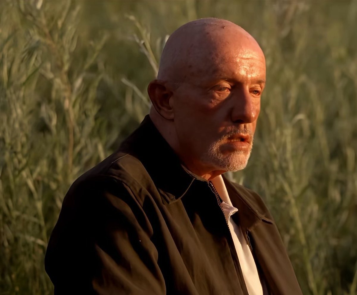 Mike from Breaking Bad sitting in a field looking unwell
