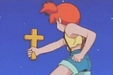 Misty from Pokemon holding up a cross