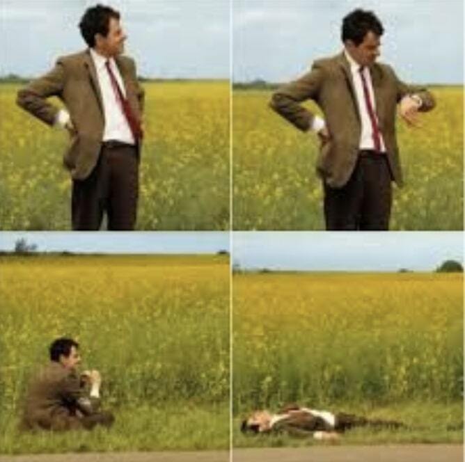 Mr Bean waiting in a field