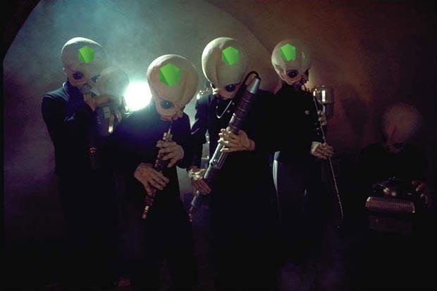 bald aliens from star wars playing clarinet with the node logo on their heads