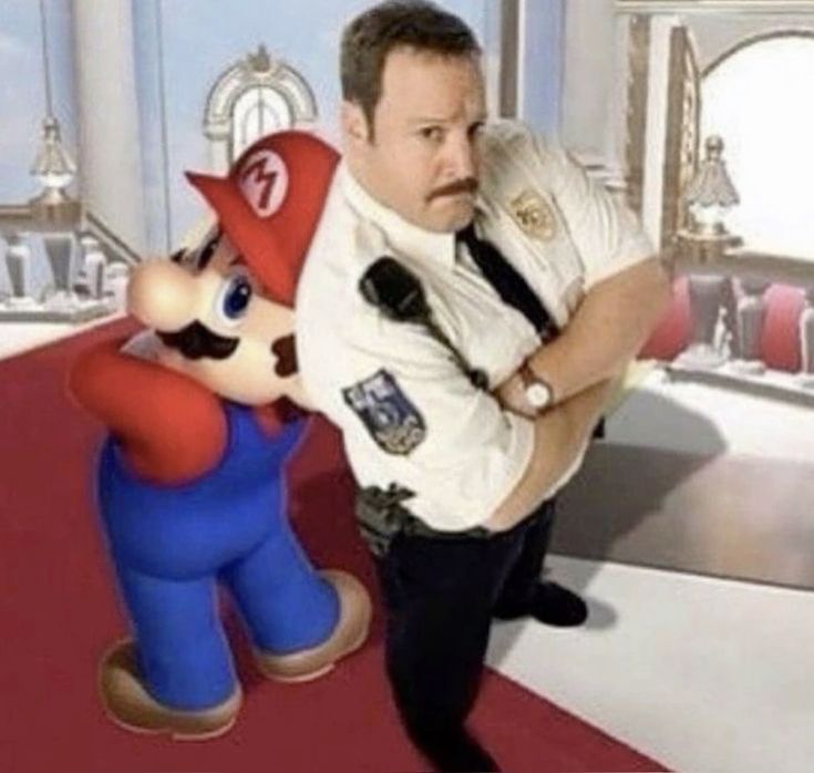 Paul Blartt Mall Cop and Mario standing back to back