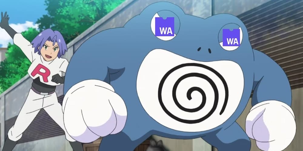 Polywhirl pokemon with Wasm logos on the eyes