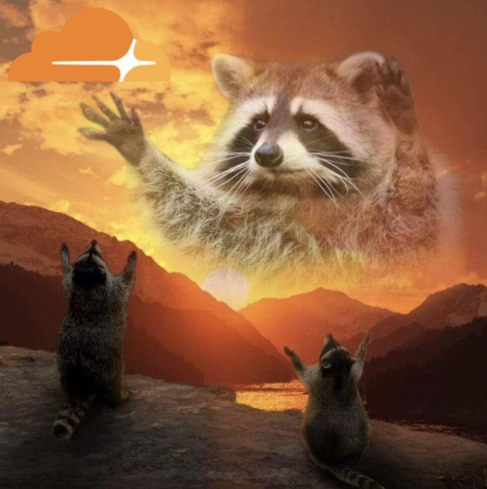 two racoons praising a giant racoon in the sky with a cloudflare logo