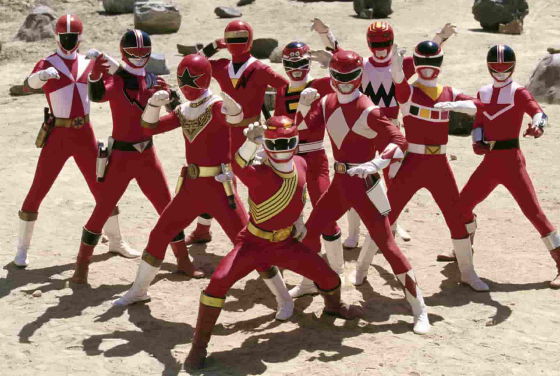 A group of red power rangers ready to fight