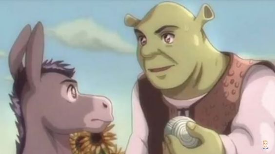 Shrek talking to Donkey, but it's anime