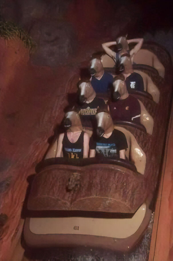 People going on Splash Mountain with horse masks on