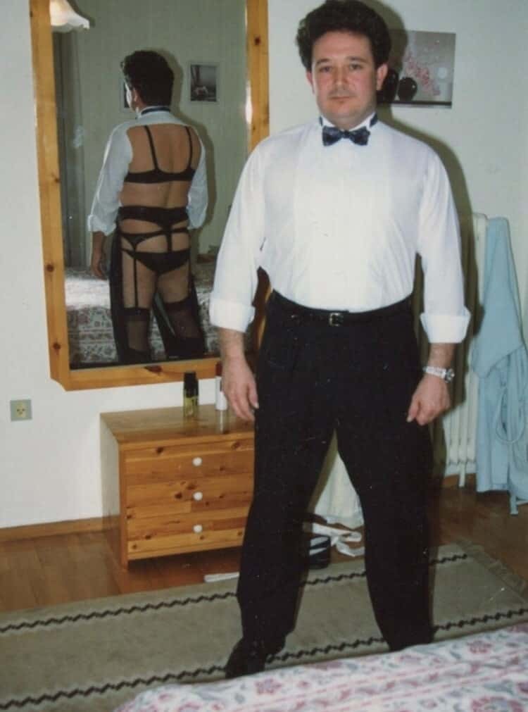 A man in a half tuxedo