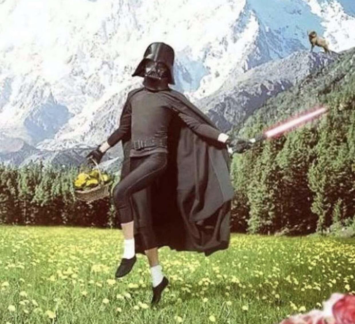 Darth Vader skipping in the countryside