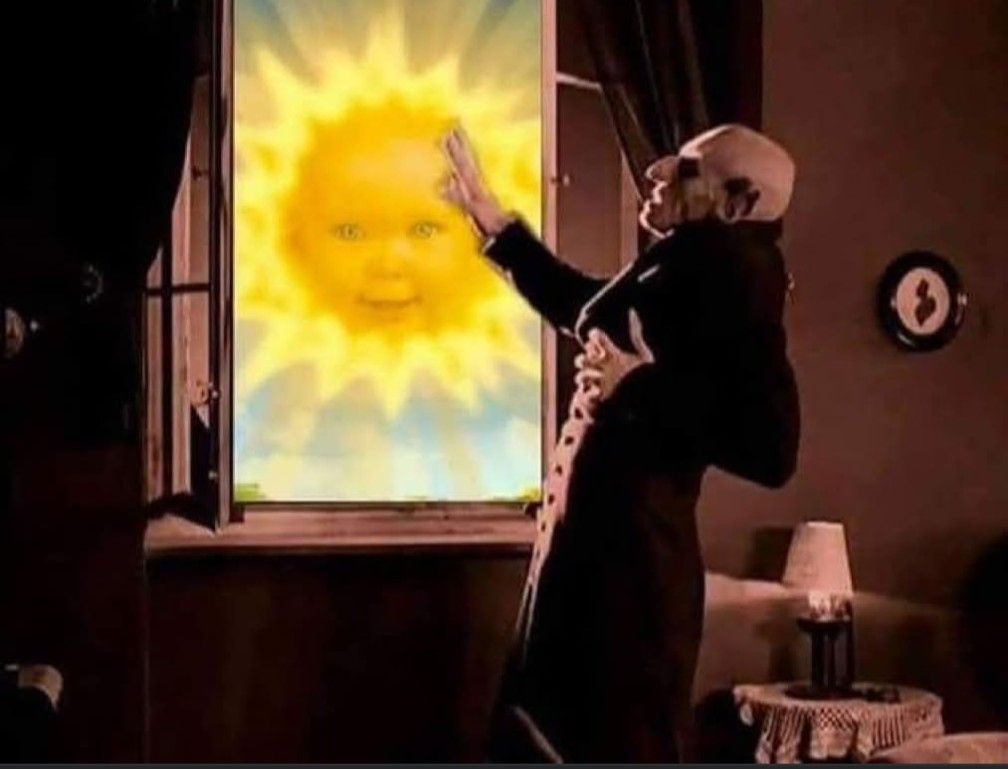 Nosferatu being blinded by the Teletubby sun