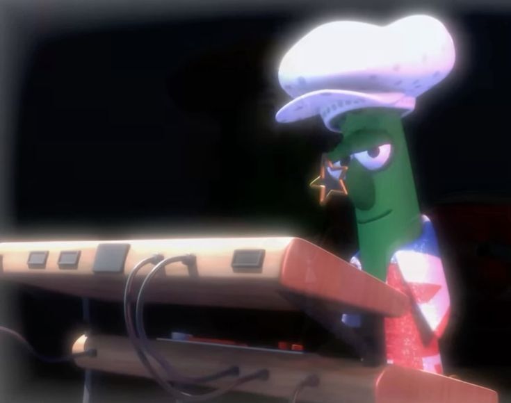 Veggie Tales character playing the keyboards