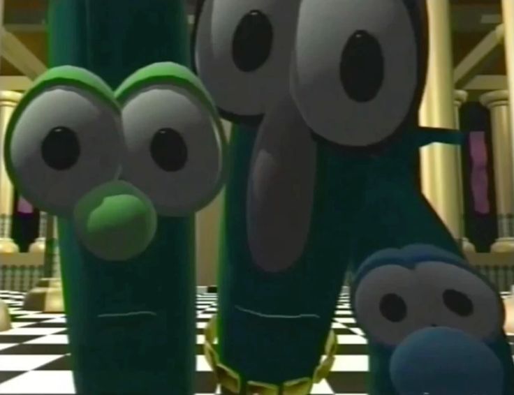 3 Veggie Tales characters staring into the camera