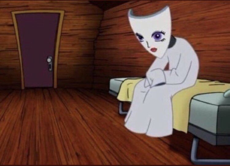 Animated ghost sitting on a bed and waiting