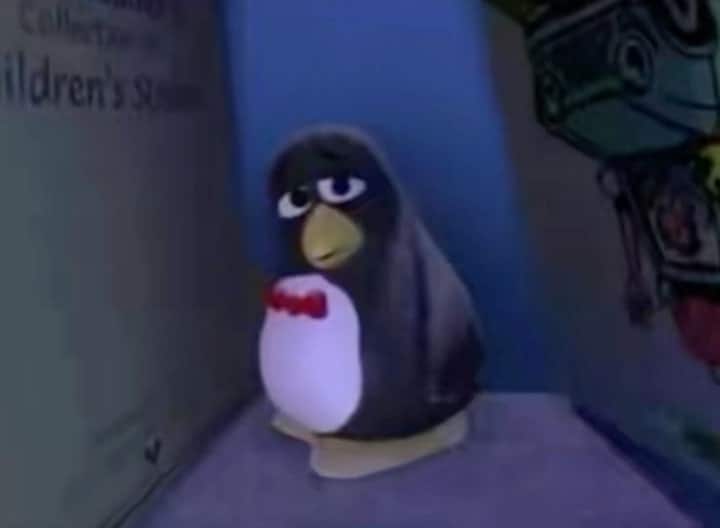 Wheezy the penguin from Toy Story looking sad